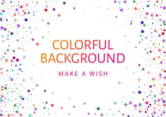 Obraz premium Colorful pattern with glowing circular dots (confetti). Rainbow twinkle circles on white background. Multi colored texture useful for holiday backdrop (birthday disco party). Horizontal template