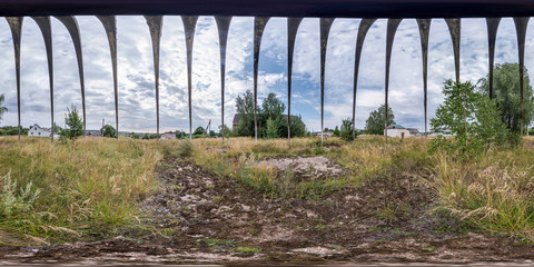full spherical seamless hdri panorama 360 degrees angle view inside metal frame of an old abandoned barn  in equirectangular projection. VR AR content