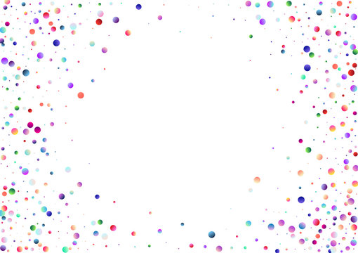 Colorful pattern with glowing circular dots (confetti). Rainbow twinkle circles on white background. Multi colored texture useful for holiday backdrop (birthday disco party). Blank horizontal template