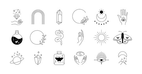 Boho doodle mystic set. Magic simple hand drawn logo icons with snake crystal eye sun moon. Abstract vector illustration