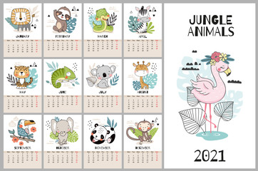 Cute hand drawn calendar for 2021 with jungle animal characters. Lion, zebra, snake, leopard, iguana, koala, giraffe, toucan, elephant, panda, monkey, sloth. Doodle style poster. 