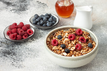 Homemade Granola with fresh berries. Healthy Breakfast.