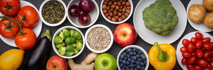 Healthy eating ingredients: fresh vegetables, fruits and superfood. Nutrition, diet, vegan food concept