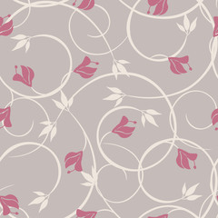 Vector floral seamless pattern. Vintage ornament with curly twigs, leaves, branches, flowers, buds. Simple floral wallpapers. Pink and gray color. Abstract background texture. Elegant repeat design