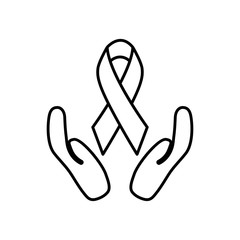 hands and breast cancer ribbon icon, line style