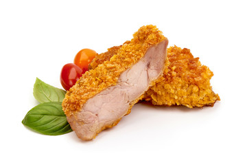 Breaded chicken fillet, isolated on white background