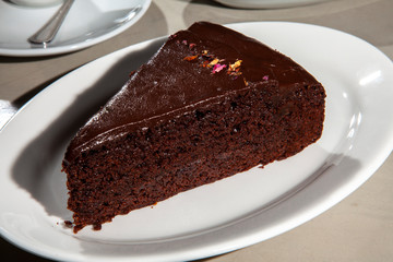 Dark chocolate cake in a dish