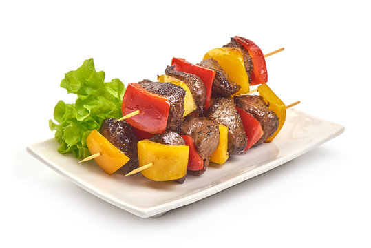 Grilled beef meat kebab, barbecue skewers, isolated on white background