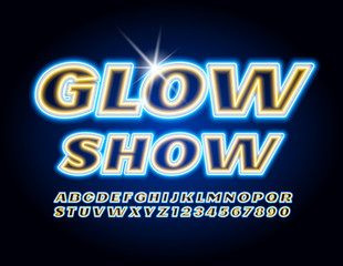 Vector neon banner Glow Club. Blue and Yellow Electric Font. Bright light Alphabet Letters and Numbers