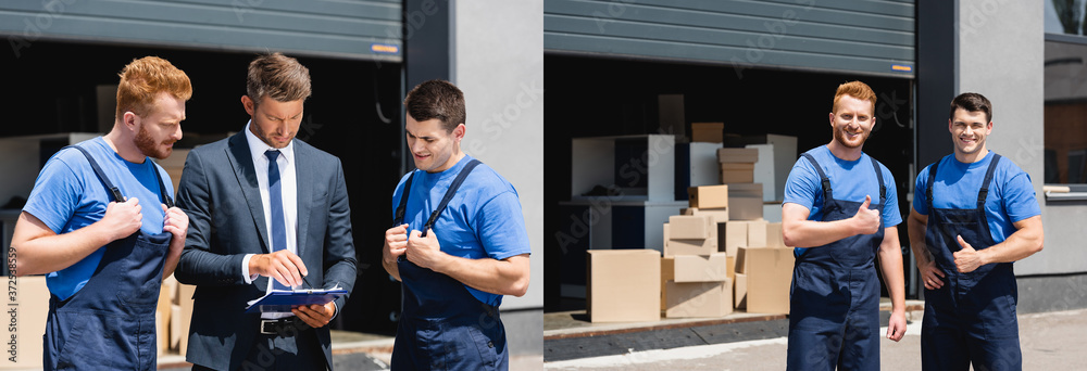 Wall mural collage of businessman holding clipboard and pen and movers showing thumbs up outdoors