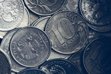 Russian currency money coins close up on a dark background