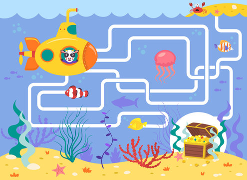 Help the submarine find the right way to the treasure. Color maze or labyrinth game for preschool children. Puzzle. Tangled road. Transport for kids