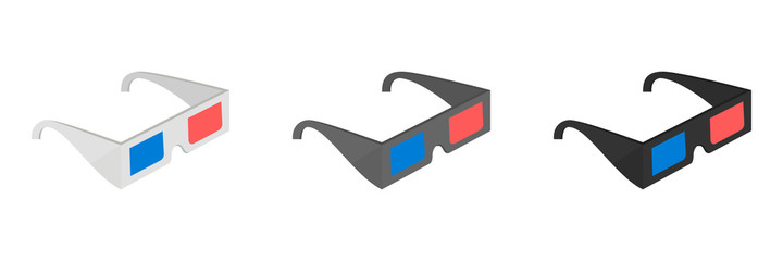 Conjunto de gafas 3d. Gafas de cine. Lentes 3d. Concepto de cine y pel&iacute;culas. Ilustraci&oacute;n vectorial estilo 3d diferentes colores