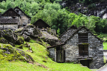 Fototapeta premium Swiss landscape with a typical 15th century stone village Italian canton Ticino, southern Switzerland, Sorrento