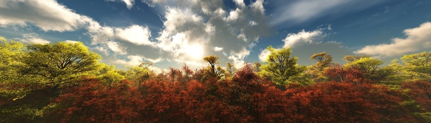 Obraz na płótnie Canvas Beautiful autumn landscape, autumn trees against the sky with clouds, 3D rendering