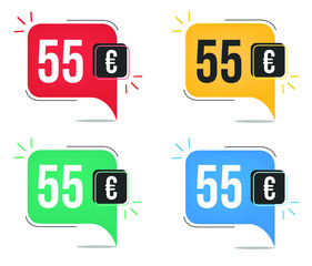 €55 euro price. Yellow, red, blue and green currency tags. Balloon concept with fifty-five euros sales tag.
