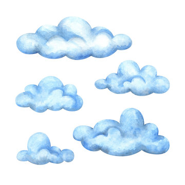 Blue Cumulus clouds. Watercolor illustrations isolated on a white background. Stock image, a set of elements for sky design