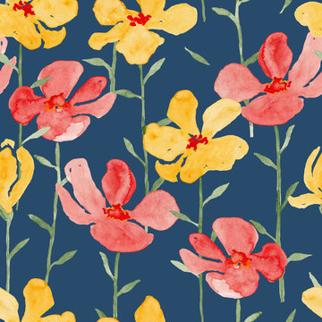 Yellow And Red Flowers Watercolor Painting - Hand Drawn Seamless Pattern On Navy Blue