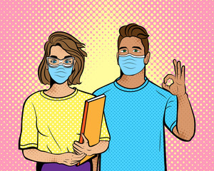 Woman with a man in mask in pop art style. Background in comic style retro pop art. Illustration for print advertising and web.