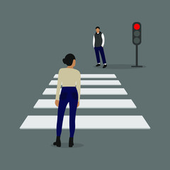 Female character and male character are waiting near a traffic light with red light