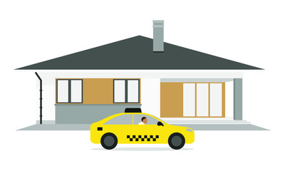 Obraz premium House and taxi with a male character on a white background