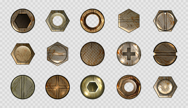 Old screw and nail heads, steel metal bolts, rusty rivets hardware. Round and hexagon copper or brass caps top view isolated on transparent background. Realistic 3d vector illustration, icons set