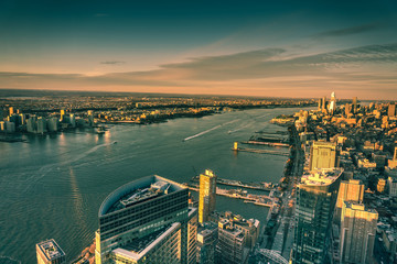 New York City skyline with skyscrapers. Sunset over NY and New Jersey aerial