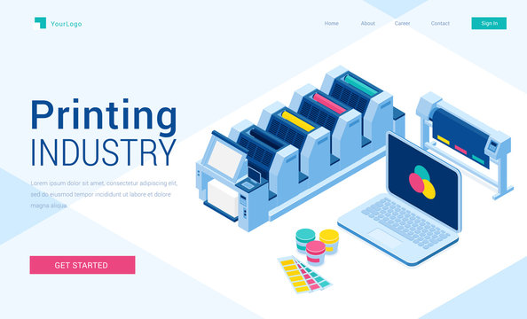 Printing House Polygraphy Industry Isometric Landing Page, Offset Or Laser Industrial Printers, Laptop With Rgb Colors On Screen, Press Business Equipment And Consumables In Office3d Vector Web Banner