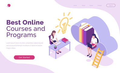 Online courses and programs isometric landing page, students or business people studying via internet. Computer software, video training for distant education, network technology 3d vector web banner