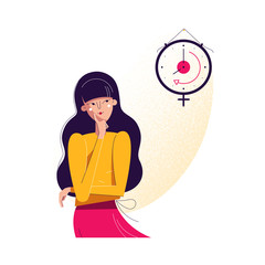 Biological clock concept. Woman looking at watch as symbol of biological life countdown. Feminine reproductive and fertility level decreasing with time, vector illustration in modern flat design - 372546148