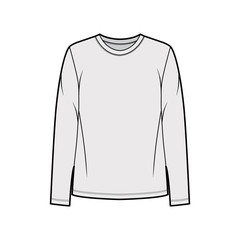 Cotton-jersey shirt technical fashion illustration with relaxed fit, crew neckline, long sleeves. Flat outwear basic apparel template front, grey color. Women, men, unisex top CAD mockup. 