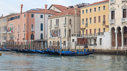 Moored Gondolas at Canal Grande Venice Italy