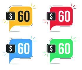$60 dollar price. Yellow, red, blue and green currency tags. Balloon concept with sixty dollars sales tag.