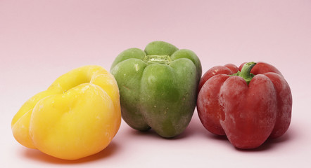 red yellow and green pepper on a pink background. vegetable concept.