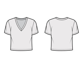 Cropped cotton-jersey t-shirt technical fashion illustration with deep V-neck, short sleeves, waist length. Flat outwear basic apparel template front back grey color. Women men unisex top mockup CAD