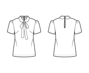 Pussy-bow blouse technical fashion illustration with Peter Pan collar, short sleeves, back button-fastening keyhole. Flat apparel top template front back white color. Women men unisex shirt CAD mockup