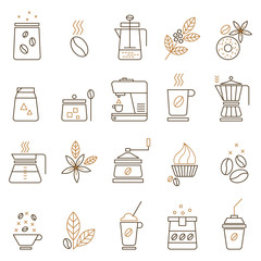 Set of vector coffee icons in a linear style isolated on a white background. Collection of symbols. Illustrations for use in restaurants, cafes, infographics, postcards, patterns, textiles, packaging.