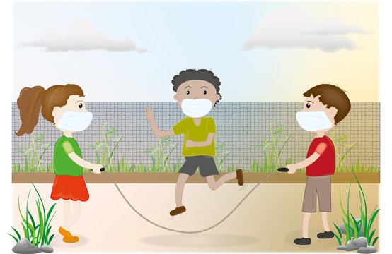 Ilustraci&oacute;n de ni&ntilde;os saltando la cuerda. Nueva normalidad. Con cubrebocas. Covid 19