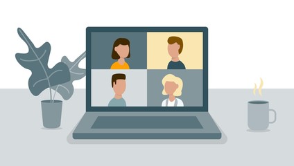 People connected together via video call on laptop vector illustration. Flat design