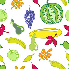 Vector seamless autumn pattern of fruits and colorful leaves on a white background. Apple, pear, melon, watermelon. Bunch of grapes.
