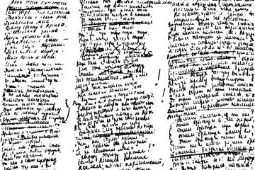Grunge texture of handwritten illegible text of poems with ink. Correction in the text, strikethrough, illegible, unreadable text. Vector illustration. Overlay template.