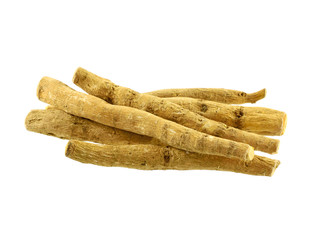 Ashwagandha Dry Root Medicinal Herb, also known as Withania Somnifera, Ashwagandha, Indian Ginseng, Poison Gooseberry, or Winter Cherry. Isolated on White Background.