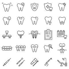 Dental medicine line icons set. Outline dentistry signs such as tooth, teeth treatment, mouth hygiene, oral health care