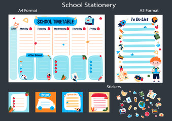 School timetable for week in English. Schedule program after school. Education lessons plan. Cute memo kids stickers. Printable planner, diary for student. Stationery set for children. To Do List.