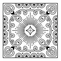 Square ornament of swirling lines,vegetation, hearts. Print for the cover of the book, postcards, t-shirts. Illustration for rugs.