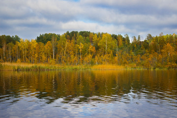 Orange autumn Sunny landscape with trees and clouds reflected in the lake