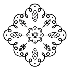 Ornament of twisted lines, leaves, dots and a central element of a geometric flower. Print for the cover of the book, postcards, t-shirts. Illustration for rugs. Calligraphic decorative divider.