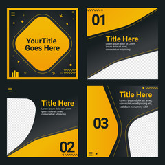 Social media post templates set for business with abstract vector illustration on background. Square posts layouts black and yellow