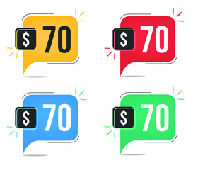 $70 dollar price. Yellow, red, blue and green currency tags. Balloon concept with seventy dollars sales tag.