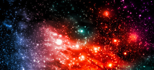 Fictitious colorful star field with nebulae, sparkling stars, suns and galaxies - 3d illustration